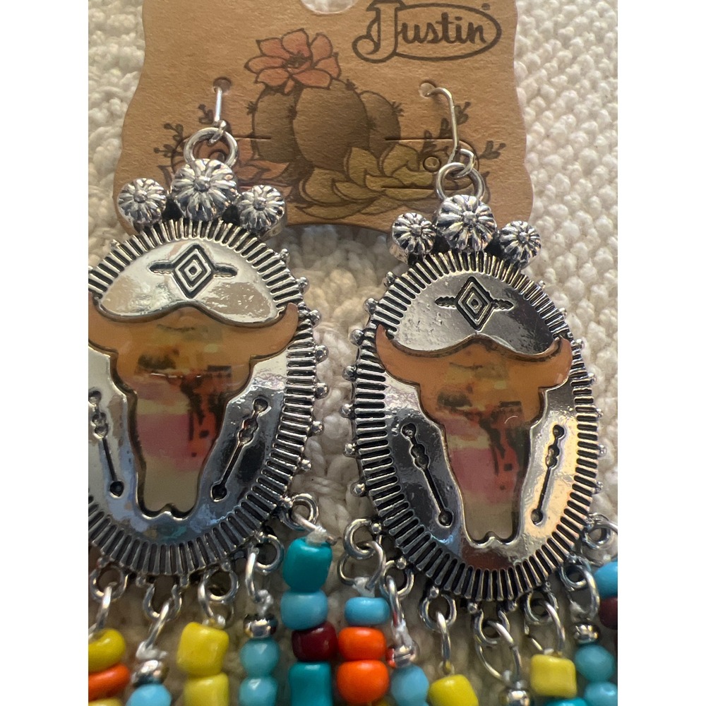 Justin Cow Skull Tassel Beaded‎ Western Earrings